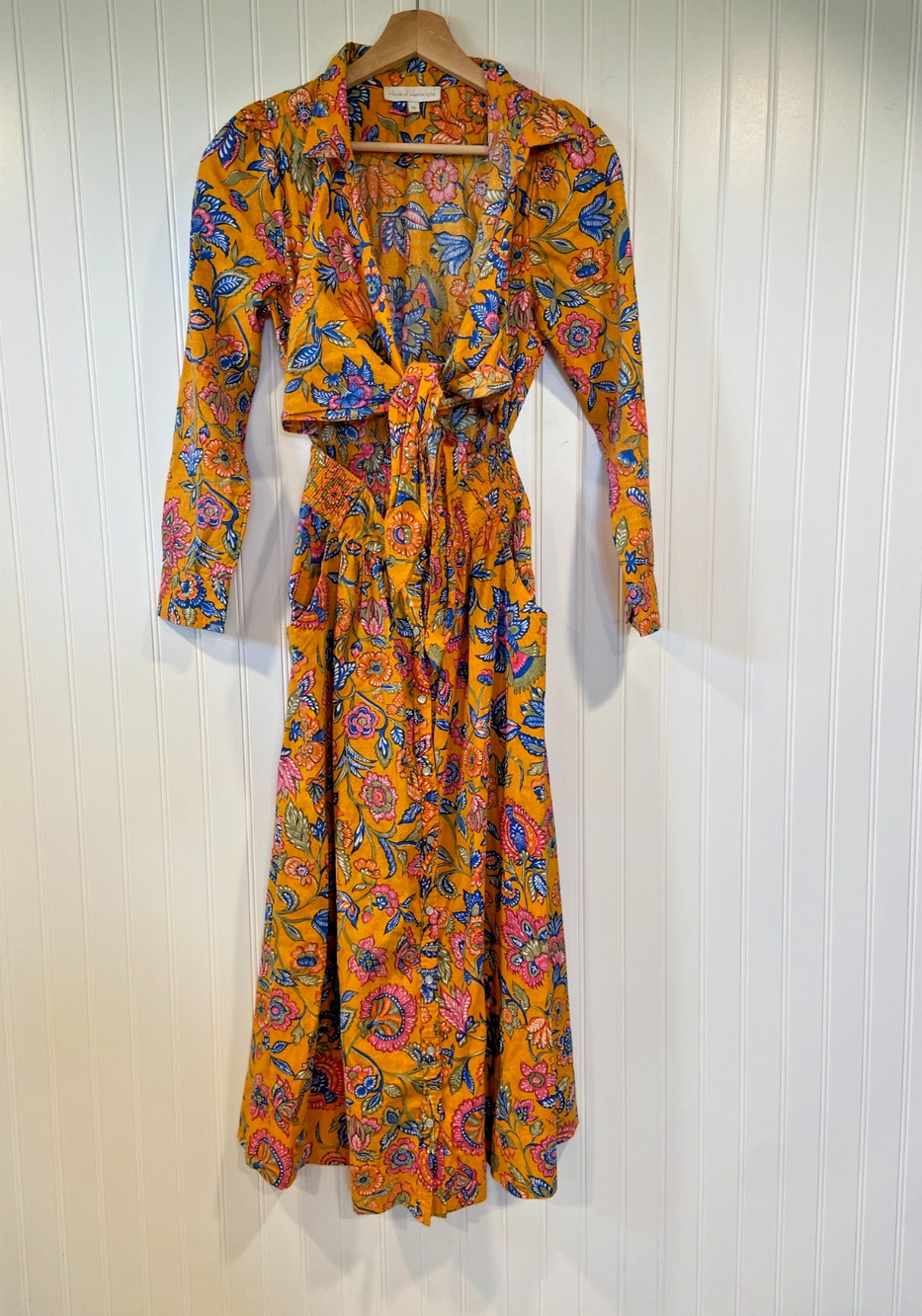 House Of Harlow 1960 Dress Women's XS Mustard Tie Front Floral Midi Snap Button